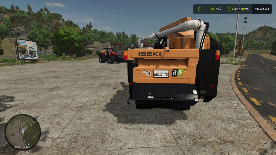 Iseki HJ6130 Edit mod in FS25, displayed in a parking area with a red tractor and scenic background.