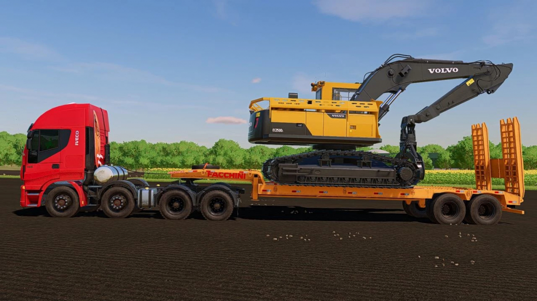 Iveco 440 v1.0.0.0 transporting Volvo excavator in FS25 mod, showcasing Farming Simulator 25 machinery.