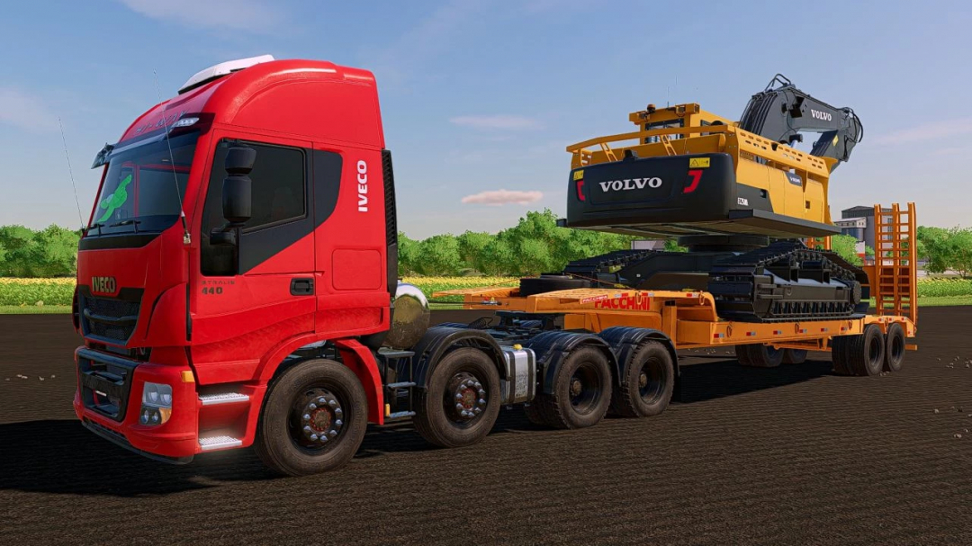 Iveco 440 truck mod hauling Volvo excavator in FS25 mod for Farming Simulator 25.