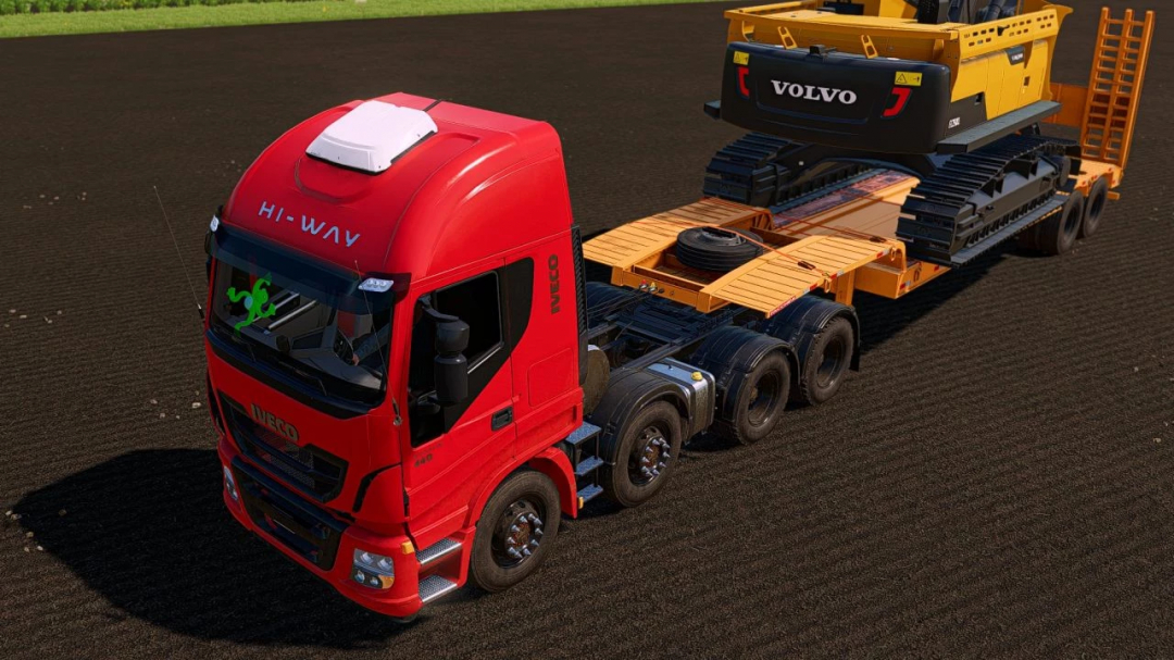 FS25 mod Iveco 440 truck with trailer carrying Volvo excavator in Farming Simulator 25.