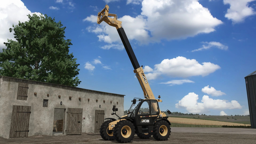 FS25 mods - JCB 542-70 telehandler in Farming Simulator 25 mod v1.0.0.0. against a rural landscape.