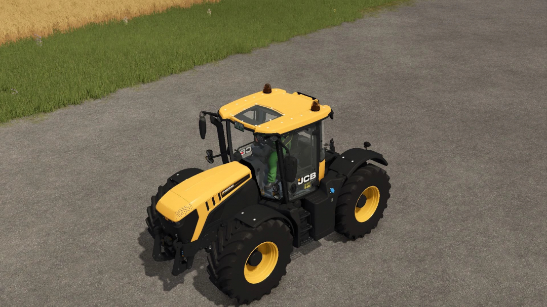 JCB Fastrac 4220 v1.0.0.0 mod in FS25, featuring a yellow tractor on a farm road.