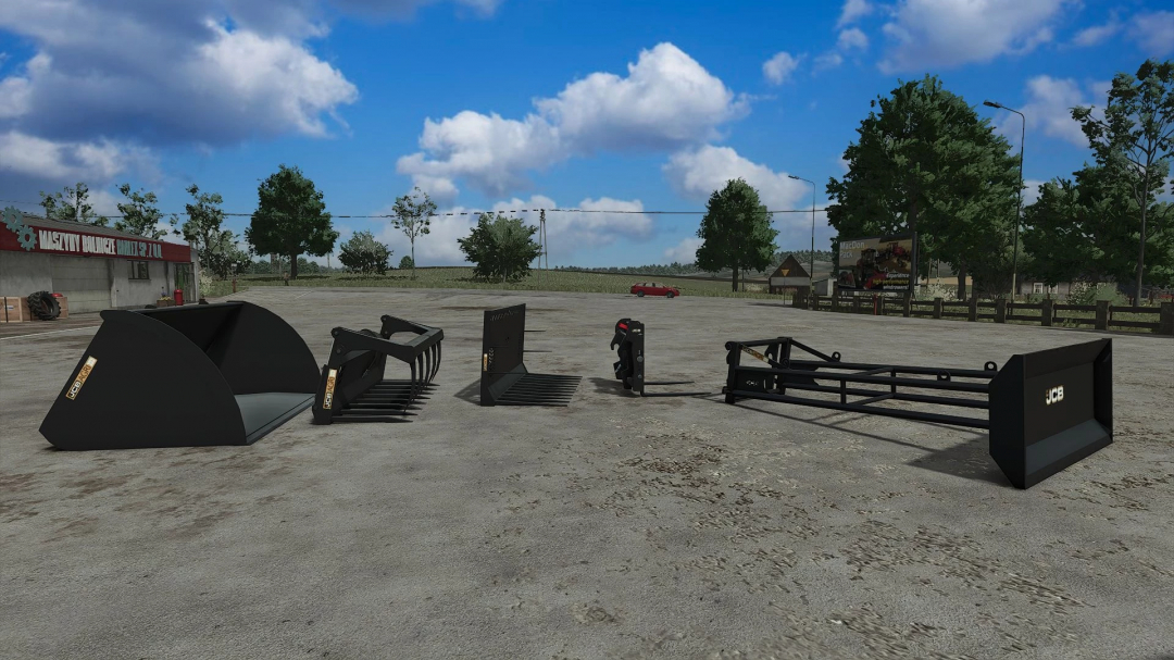 JCB Telehandler Attachments displayed in Farming Simulator 25 mod, featuring various tools on a concrete lot under a blue sky.