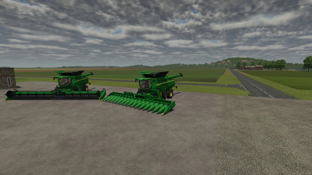 Two John Deere S7 combine harvesters in a farm setting in FS25 mod.