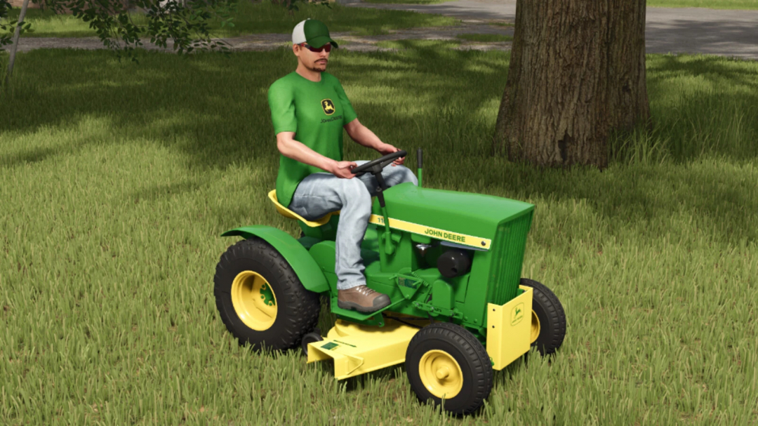 FS25 mod featuring a John Deere 110/112 Round Fender tractor in a grassy field.