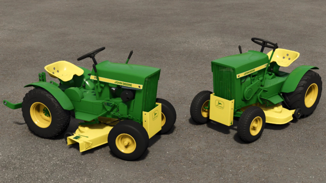 John Deere 110 and 112 Round Fender tractors in FS25 mod, showcasing classic green and yellow design.