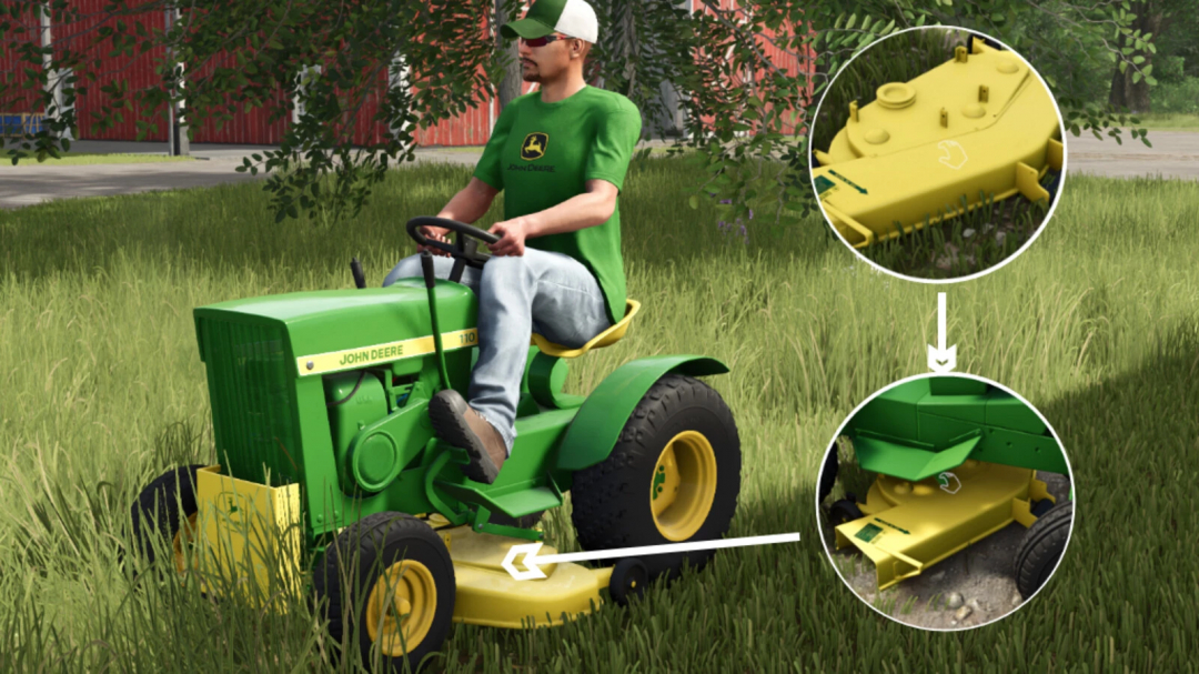 John Deere 110 tractor mod in FS25 with mowing attachment, grass field background.