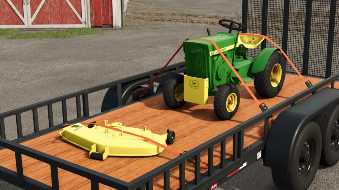 John Deere 110/112 Round Fender mod on trailer in FS25, showcasing Farming Simulator 25 mod features.