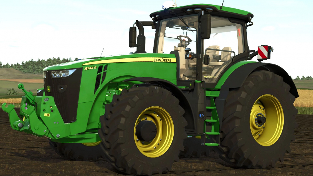 John Deere 8R 2016 mod for FS25, showcasing a green tractor with yellow rims on a farm field.