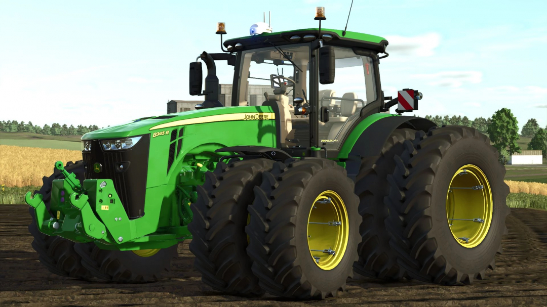 John Deere 8R 2016 mod for FS25, featuring dual tires, showcased in a farming landscape.