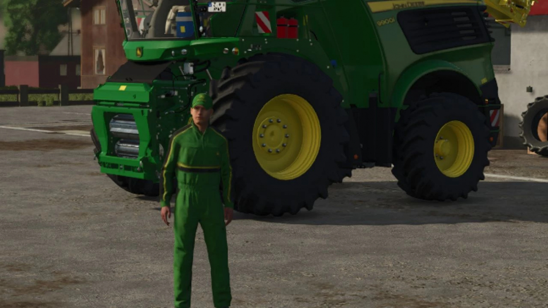 FS25 mod John Deere 9000 Series Edit v1.0.0.0 showcasing a farmer in front of a green harvester.