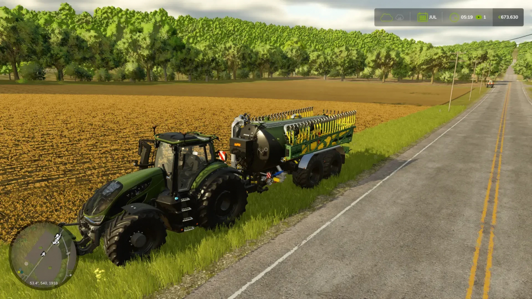 Farming Simulator 25 Kaweco Gülle Pack mod showing tractor and slurry tank on rural road.