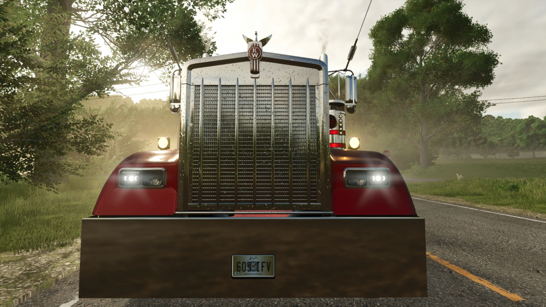 Front view of Kenworth W900L truck mod in Farming Simulator 25, showcasing detailed grille and headlights.