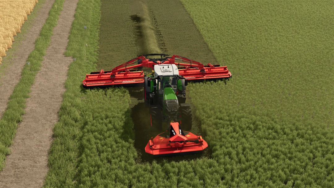 Kongskilde Mower Pack v1.0.0.0 mod in Farming Simulator 25 mowing a field.