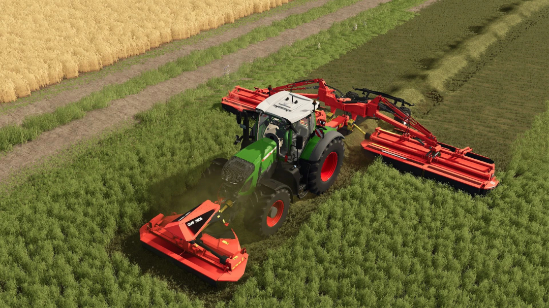 Tractor using Kongsklide Mower Pack mod in Farming Simulator 25, mowing field.