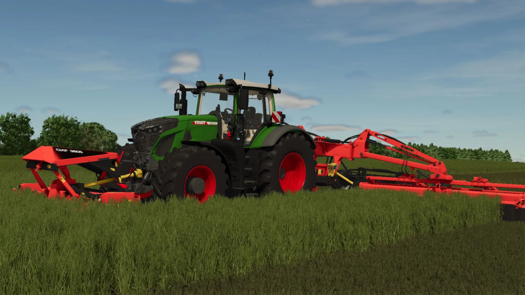 FS25 mods: Kongsklide Mower Pack v1.0.0.0 in action on a field with green tractor and red mower.