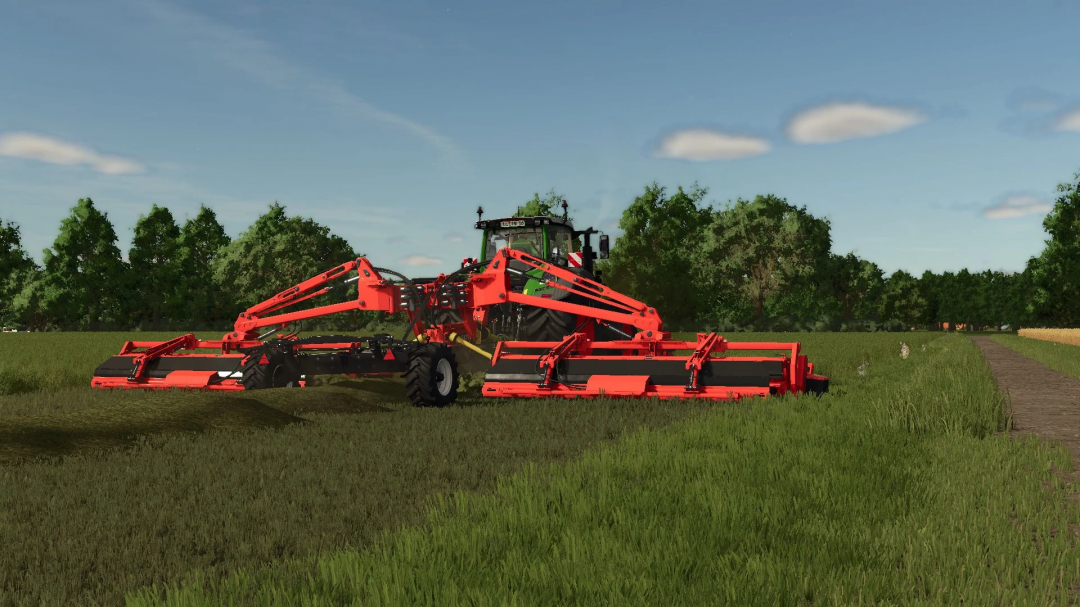 FS25 mod Kongsklide Mower Pack v1.0.0.0 in action, mowing a field with a tractor.