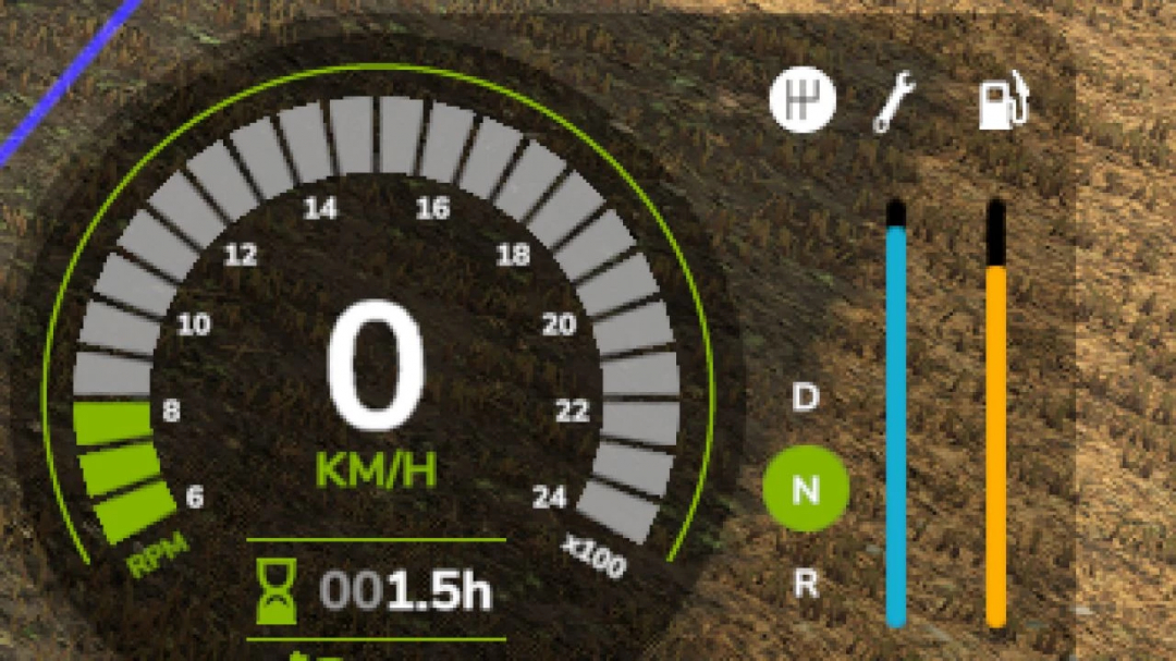 Dashboard interface in Farming Simulator 25 showing speed, RPM, and other indicators in the Kotte Garant 100000L mod.