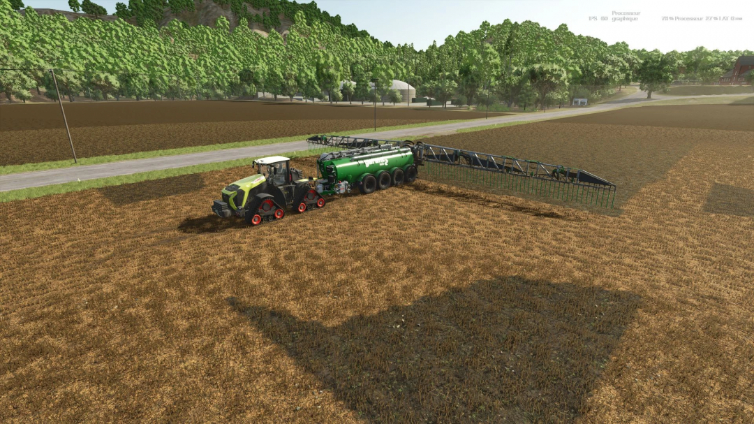 FS25 mod Kotte Garant 100000L v1.0.0.0 used in a field. Tractor with green slurry tank trailer.