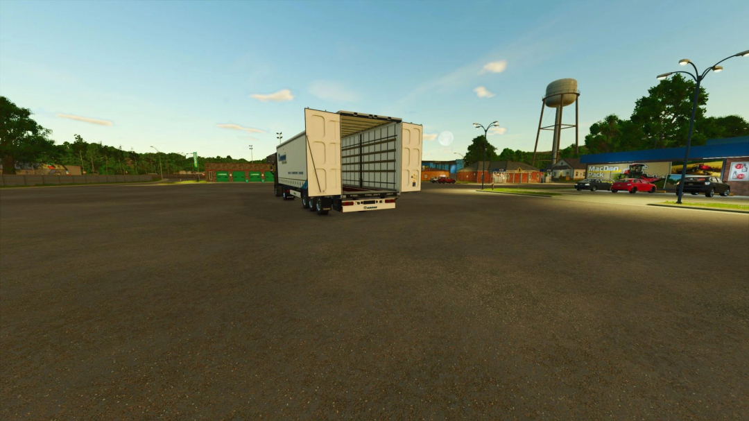 FS25 mod: Krone Profil-liner trailer with open ramps in a parking lot.