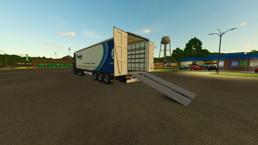 Krone Profil-liner Trailer with ramps in FS25 mod v1.0.0.0 in a parking lot.