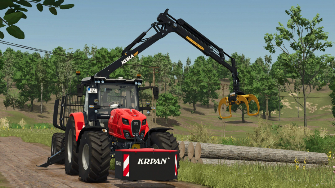 FS25 mod Krpan TZ400 v1.0.0.0 features a tractor with a logging crane, set in a wooded area of Farming Simulator 25.