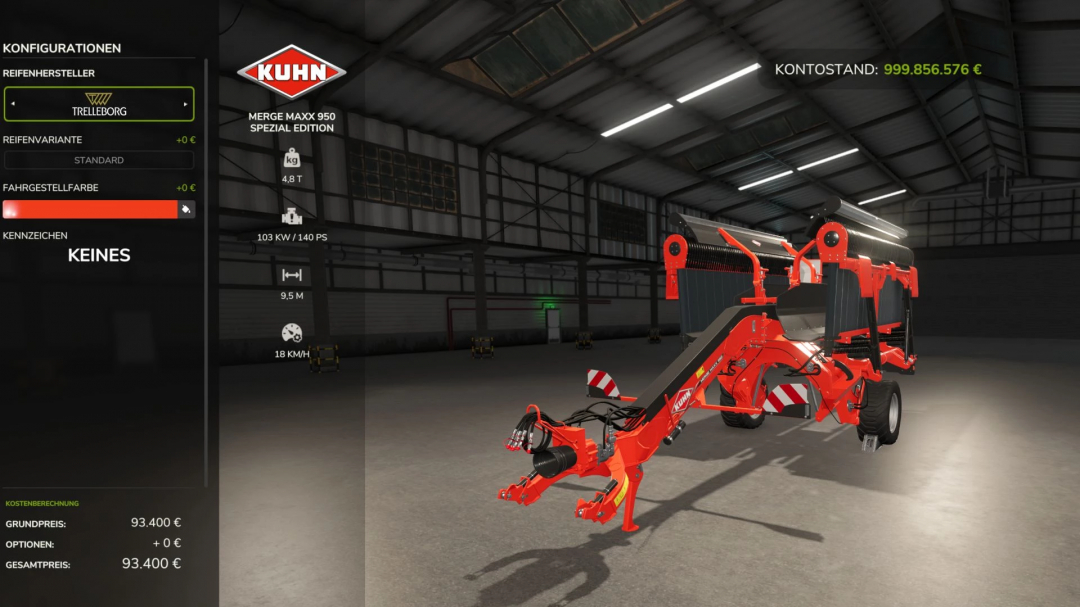 Kuhn Merge Maxx 950 Special Edition mod displayed in FS25, showcasing features like Trelleborg tires and customizable frame color.