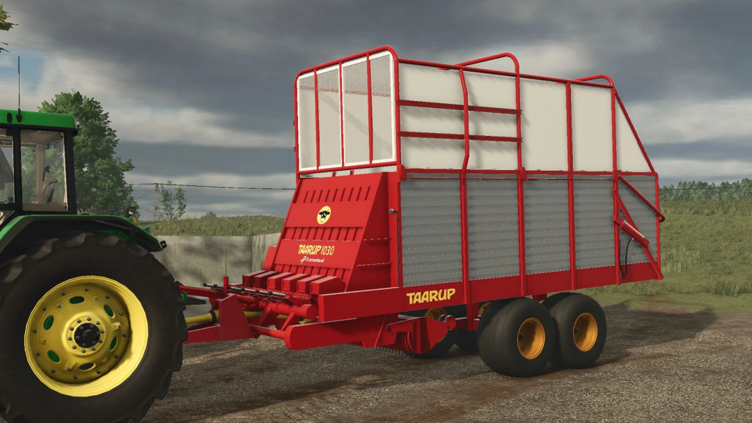 Kverneland Taarup 1030 v1.0.0.0 mod in FS25, showcasing a red and white forage wagon attached to a green tractor.