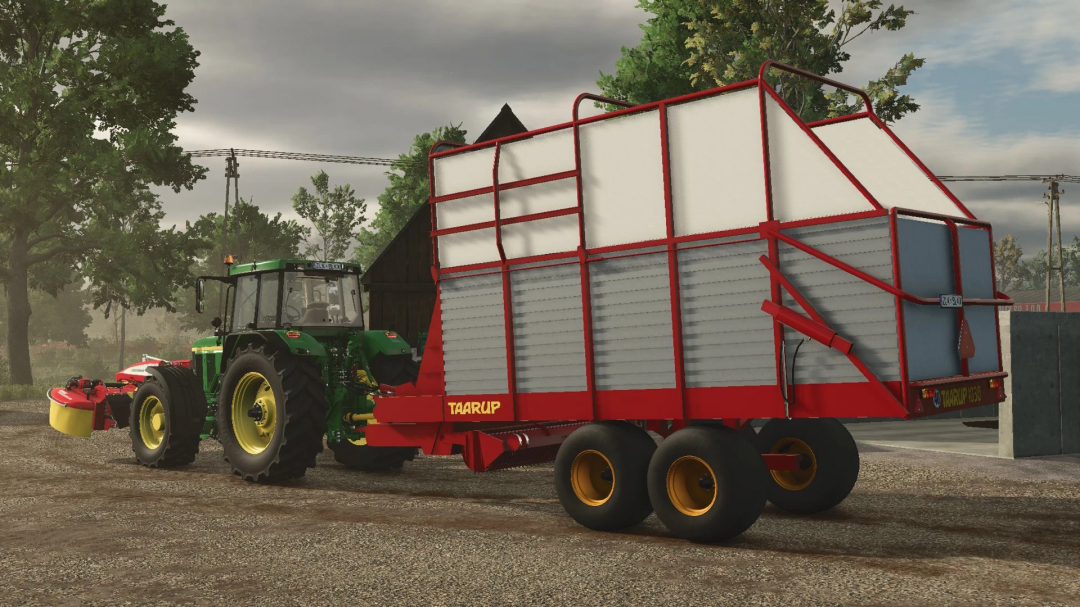 FS25 mod Kverneland Taarup 1030 v1.0.0.0 trailer attached to a tractor, set in a farm landscape.