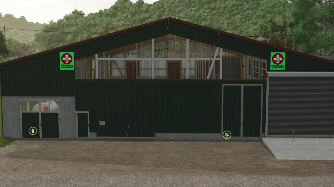 FS25 mod image: Large cowshed PBSMods Edition v1.1.0.0 with green exterior and visible interior structure.