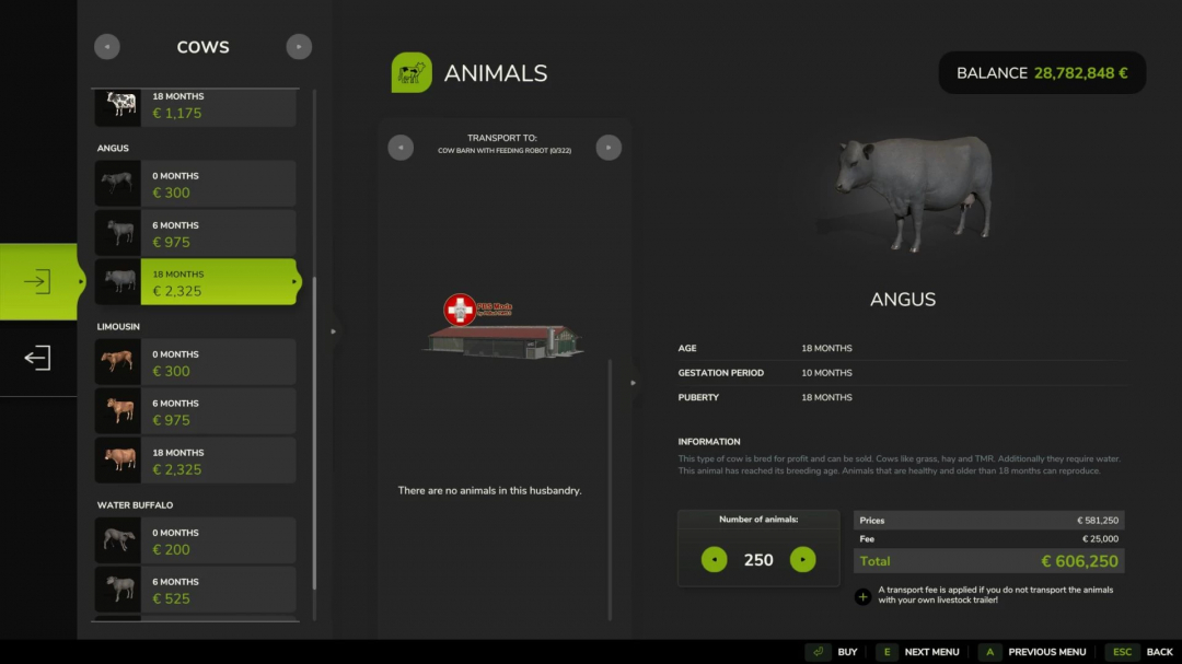 Interface of FS25 mod Large cowshed PBSMods Edition showing Angus cattle options and prices.