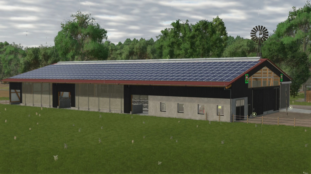 Large cowshed PBSMods Edition v1.1.0.0 in FS25, featuring solar panels on the roof in a grassy field setting.