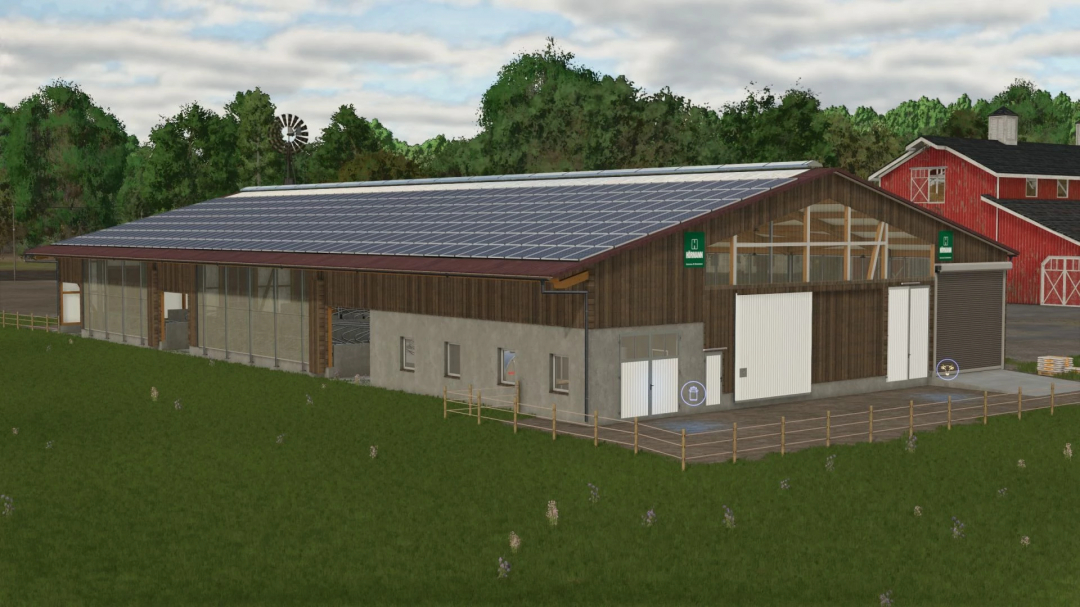 Large stable with wood-look facade in Farming Simulator 25 mod, surrounded by lush greenery.