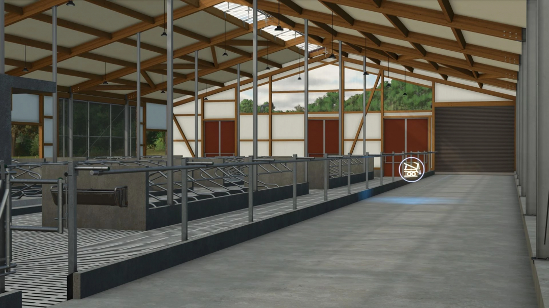 Interior of a large stable with a wood-look facade in FS25 mod.