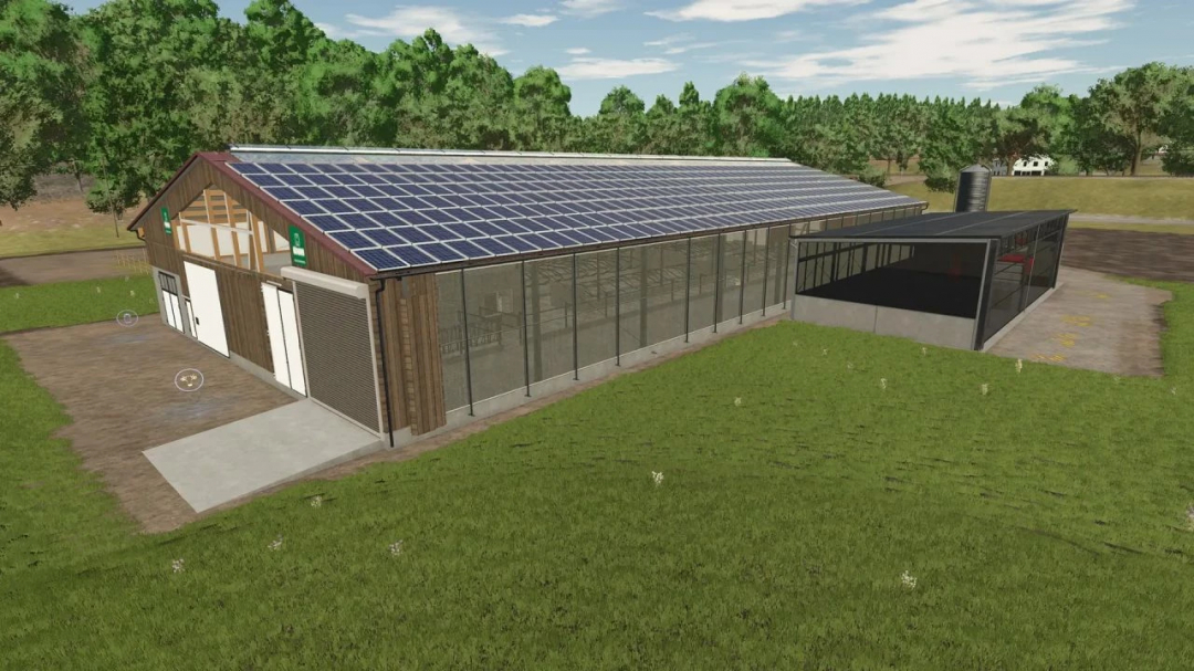 Large stable with wood-look facade in FS25 mod, featuring solar panels and spacious design.