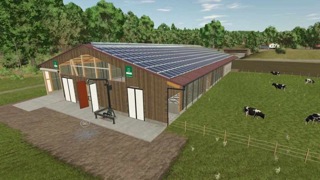 Large stable with wood-look facade mod in FS25, featuring solar panels on the roof and a pasture with cows.