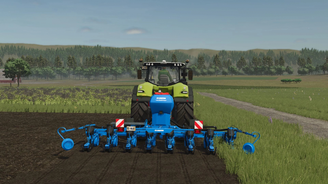 FS25 mod: Lemken Azurit 9 v1.0.0.0 in action, attached to a tractor in a field.