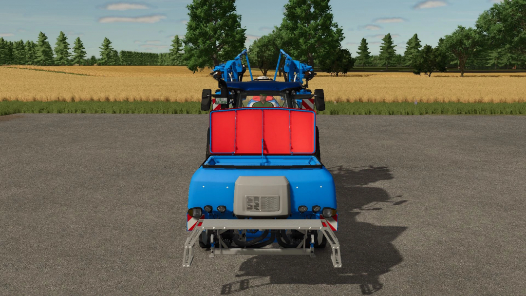 Front view of Lemken Solitair 23 mod in FS25, featuring a blue and red seeder on a rural road.