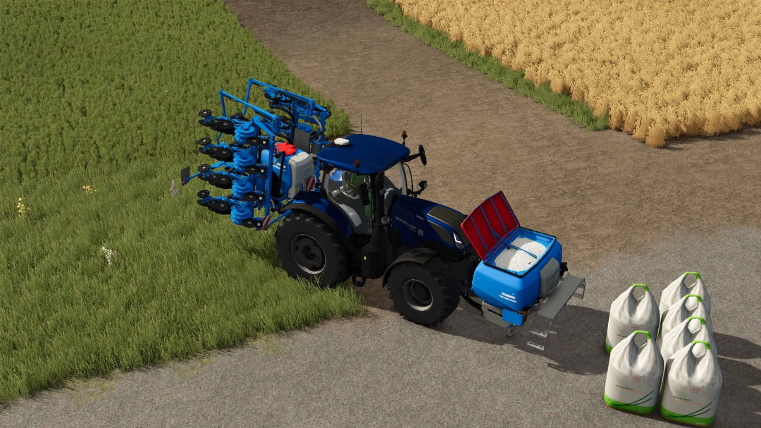 FS25 mod Lemken Solitair 23 v1.0.0.0 with blue tractor and seed bags on field.