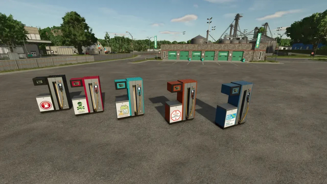 Liquid Filling Stations PBSMods v1.1.0.0 for FS25 showcase various dispensers on concrete lot.