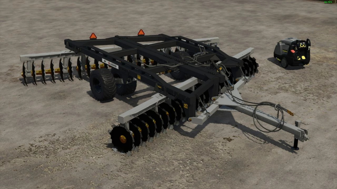 FS25 mod Lizard CRI48 v1.0.0.0, a modern black and gray farm implement with disc blades, on a dirt surface.