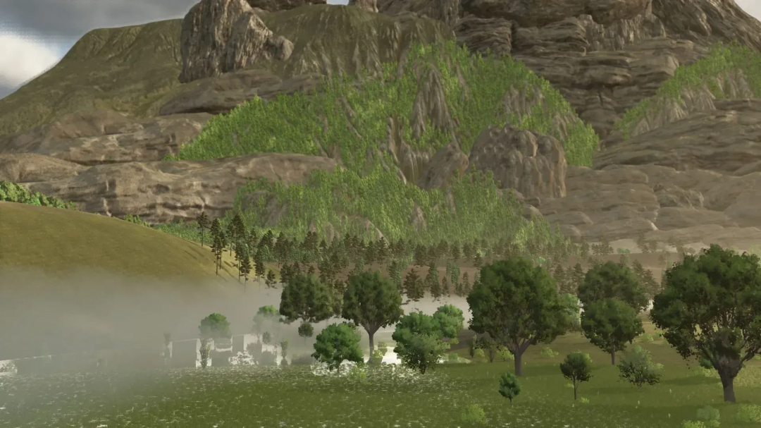 LoneHills Map v1.0.4.0 in FS25 featuring lush green landscapes and towering cliffs.