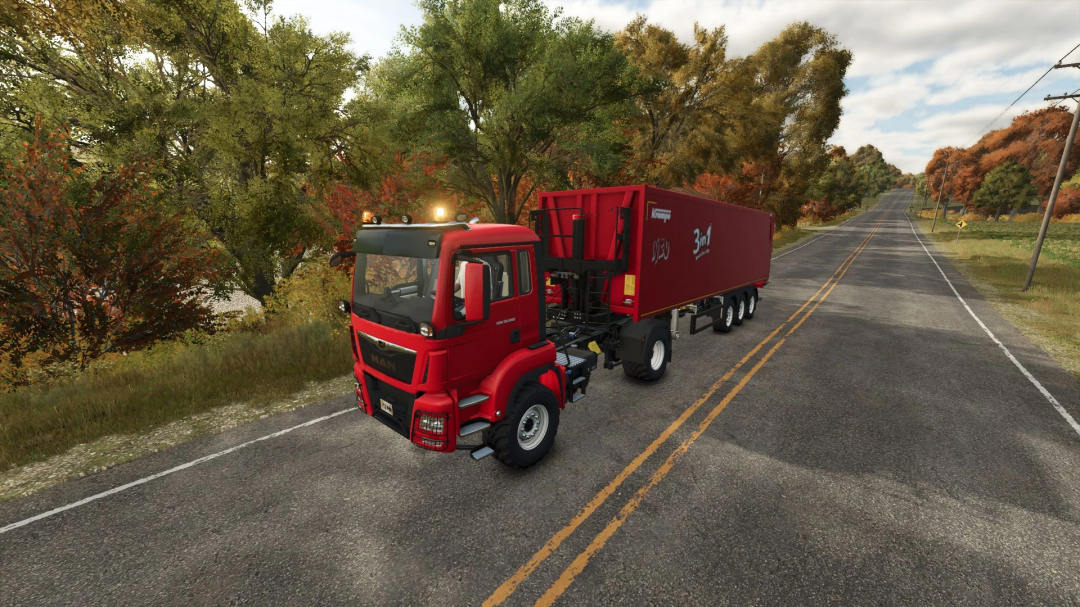 Red MAN TGS 18500 truck mod in Farming Simulator 25, driving on a forest road. FS25 mods enhance gameplay.