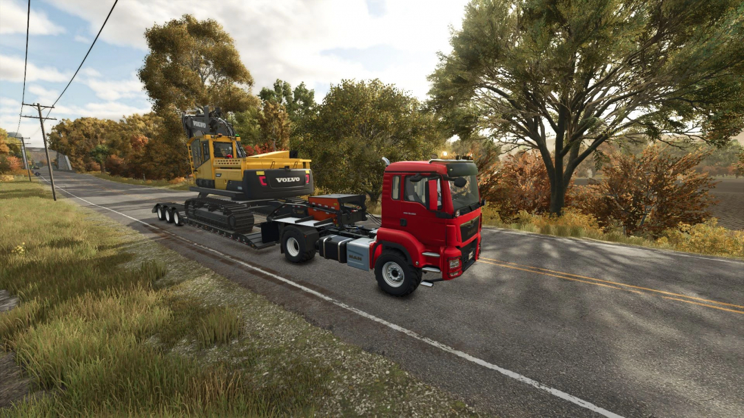 MAN TGS 18500 truck hauling construction equipment in FS25 mods scenery.