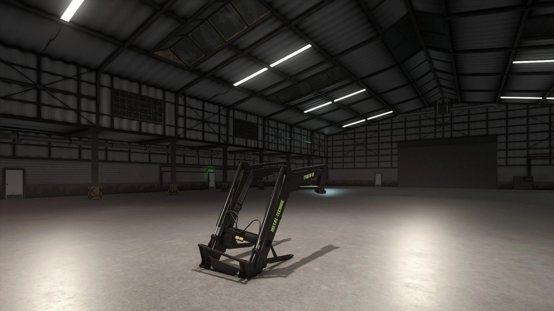 FS25 mod METAL TECHNIK Tytan MT 02 v1.0.0.0 showcased in a spacious warehouse setting.