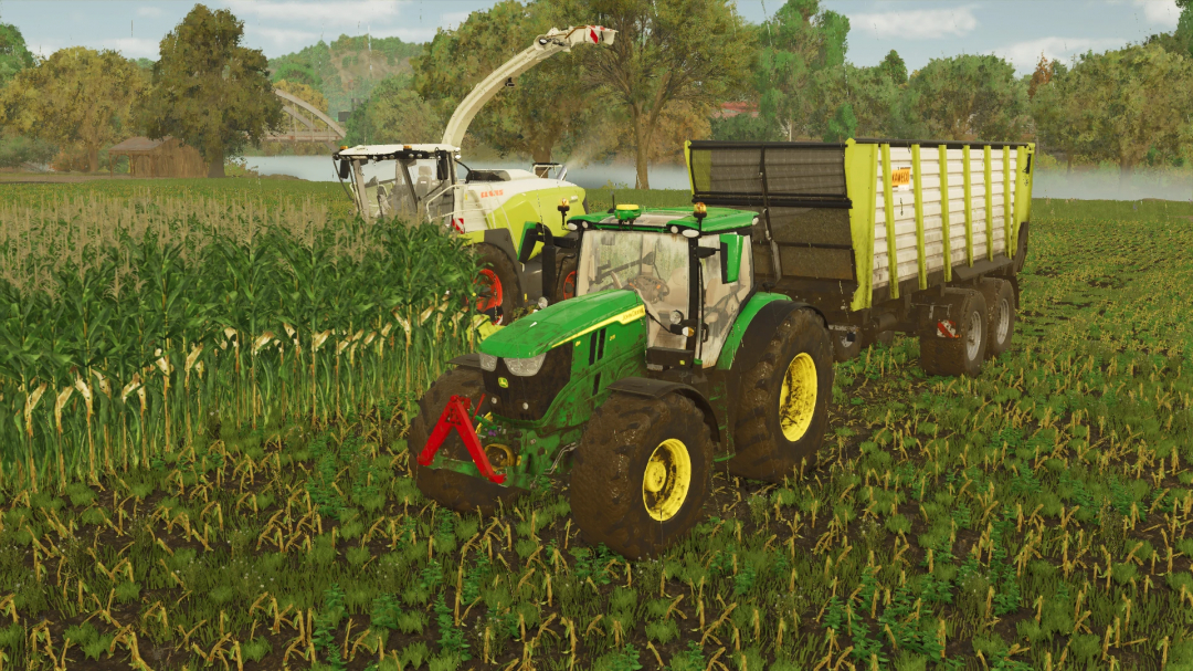 FS25 mods: Tractor harvesting maize with Maize Texture v1.0.0.0 in Farming Simulator 25.