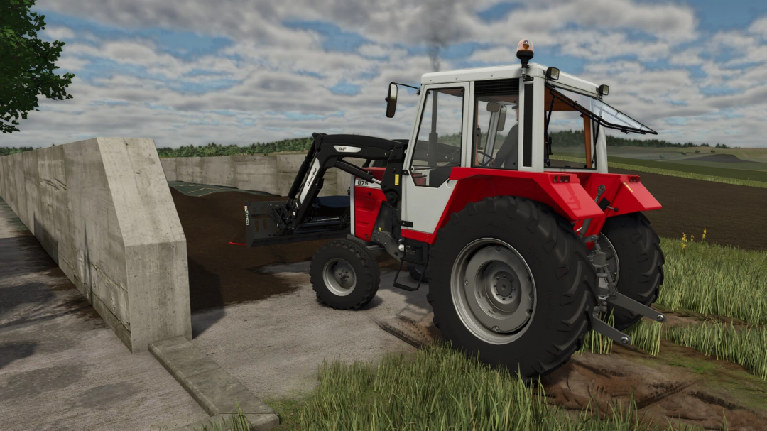 Massey-Ferguson 600 Series tractor in FS25 mod, working near a concrete barrier on a farm.