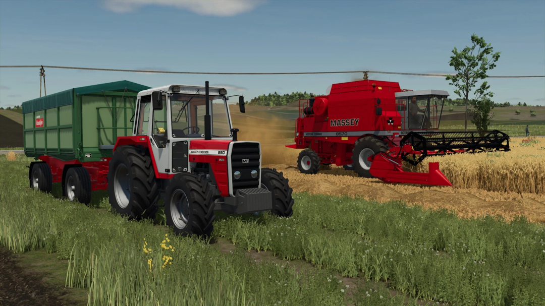 FS25 mod: Massey-Ferguson 600 Series tractor and harvester in field.