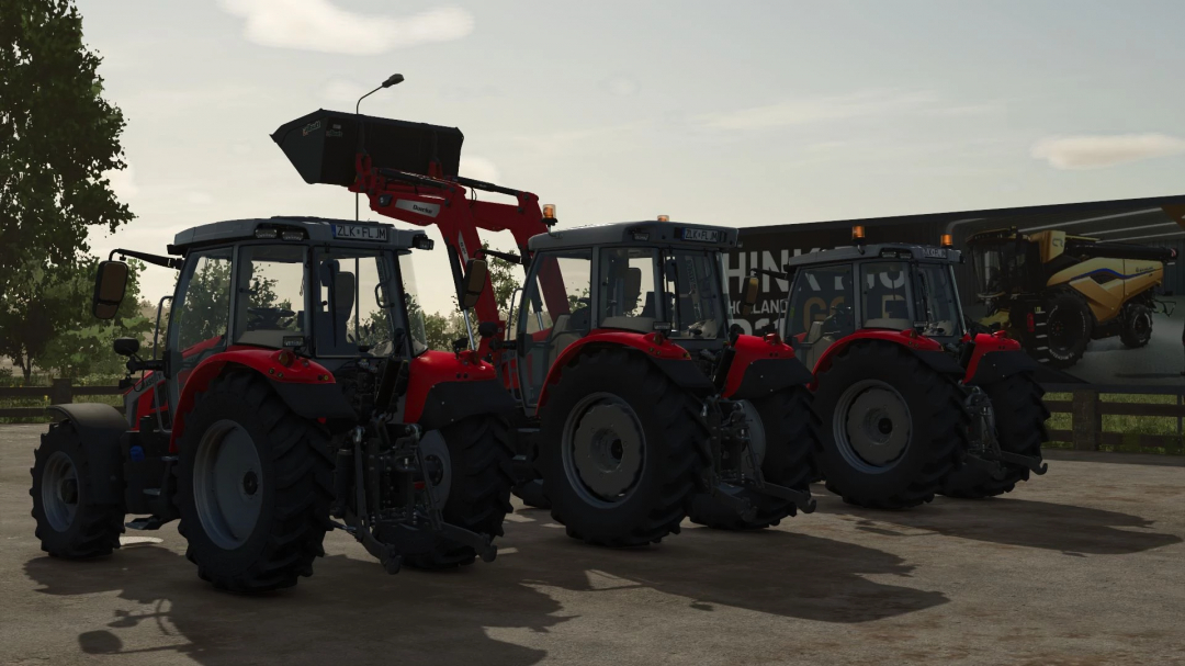 Three red Massey Ferguson 5S tractors mod for FS25 parked in a farm setting.