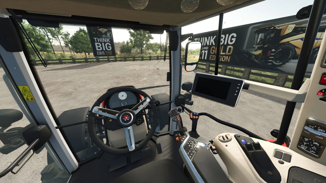 Interior view of the Massey Ferguson 5S tractor mod for Farming Simulator 25, showcasing the dashboard and controls. FS25 mods.